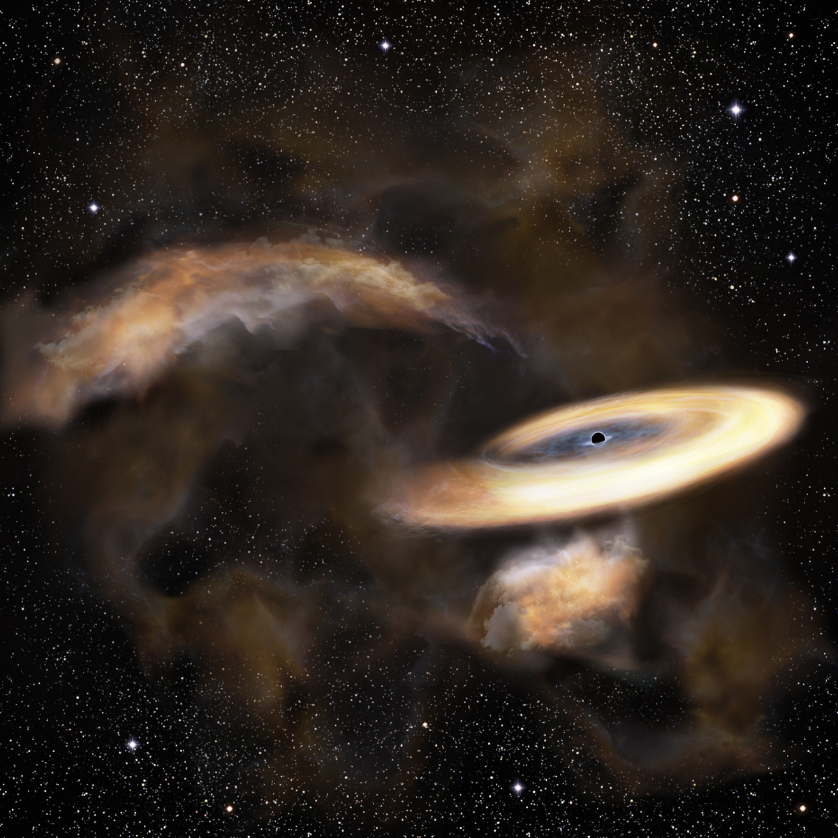 【▲ 図1: 周囲のガスを吸い込む中間質量ブラックホールの想像図。（Credit: 国立天文台 (NAOJ)）】