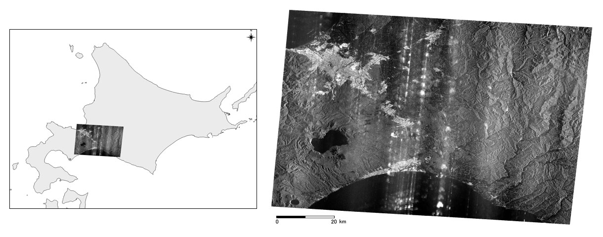 【▲ 先進レーダ衛星「だいち4号（ALOS-4）」のLバンド合成開口レーダー「PALSAR-3」で取得された観測画像（分解能3m・観測幅100km）。北海道の札幌から苫小牧にかけての地域が観測されている（Credit: JAXA）】