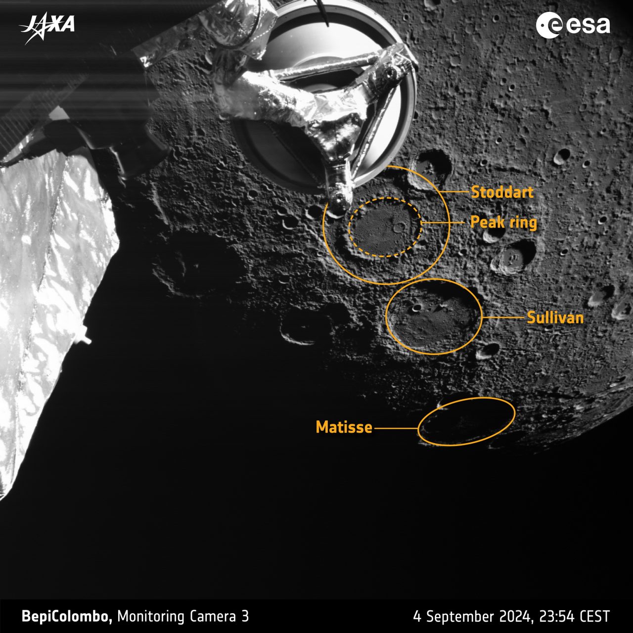 【▲ BepiColombo探査機の第4回水星スイングバイ時、日本時間2024年9月5日6時54分にMTMのモニタリングカメラ3（M-CAM3）で撮影された水星（Credit: ESA/BepiColombo/MTM）】