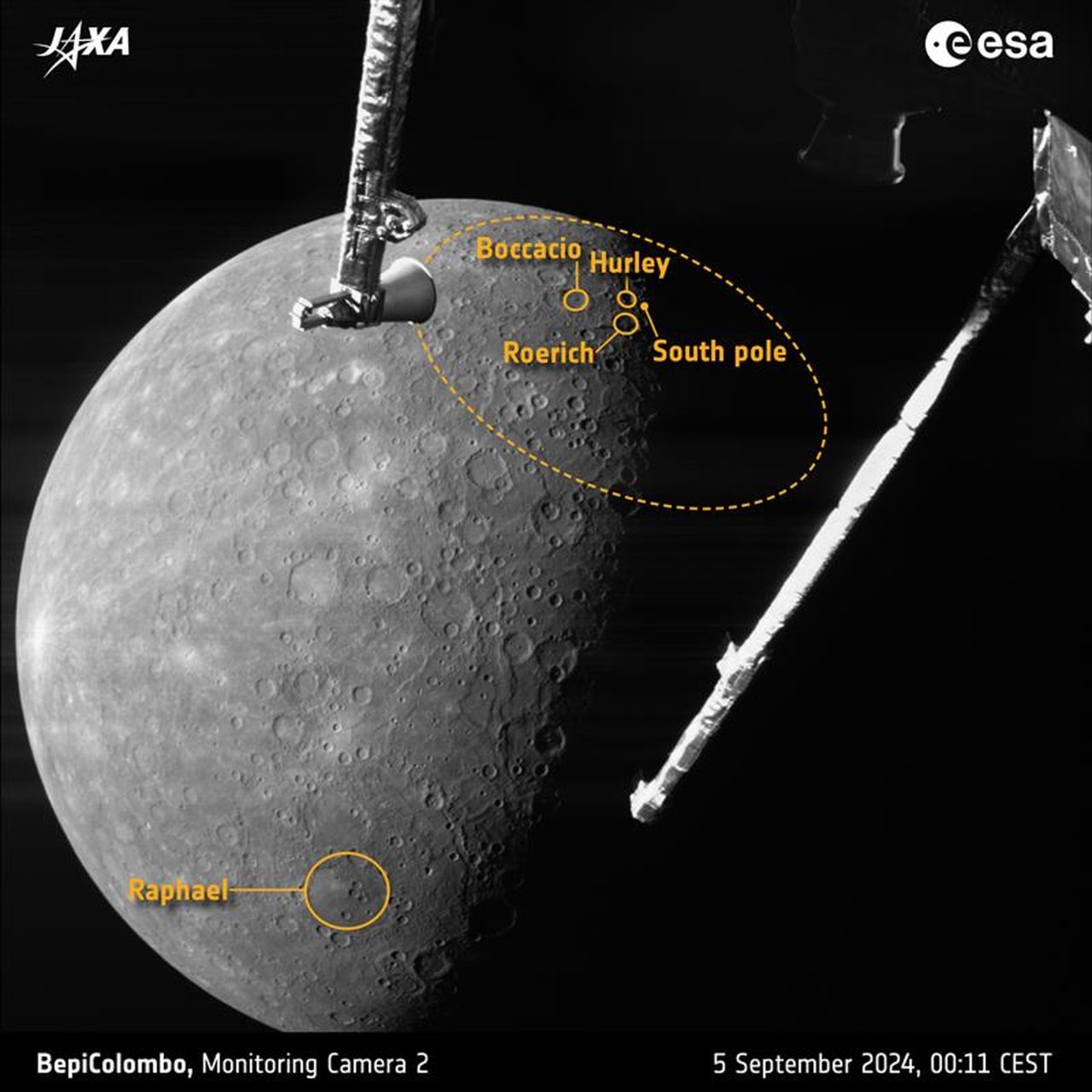 【▲ BepiColombo探査機の第4回水星スイングバイ時、日本時間2024年9月5日7時11分にMTMのモニタリングカメラ2（M-CAM2）で撮影された水星（Credit: ESA/BepiColombo/MTM）】