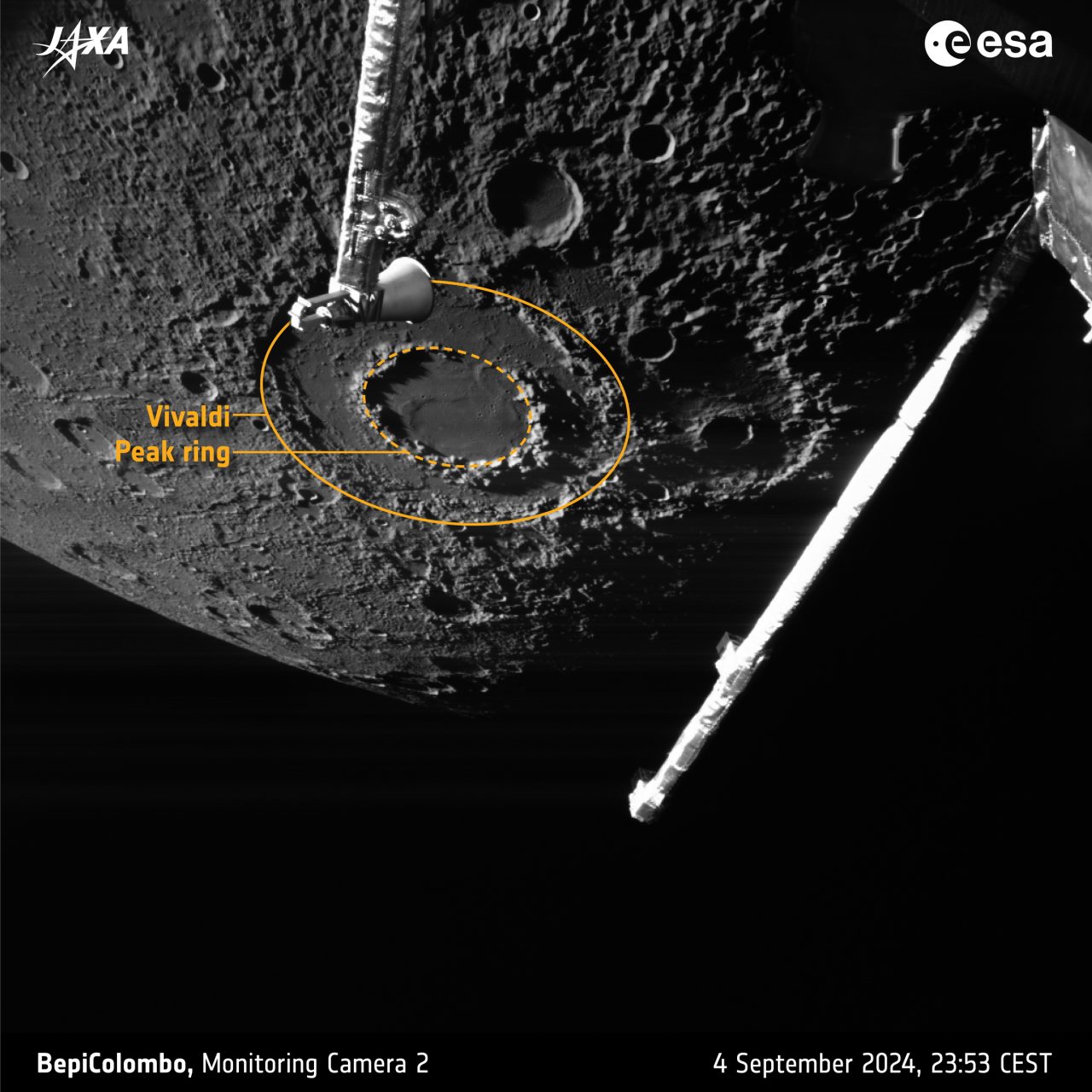 【▲ BepiColombo探査機の第4回水星スイングバイ時、日本時間2024年9月5日6時53分にMTMのモニタリングカメラ2（M-CAM2）で撮影された水星（Credit: ESA/BepiColombo/MTM）】