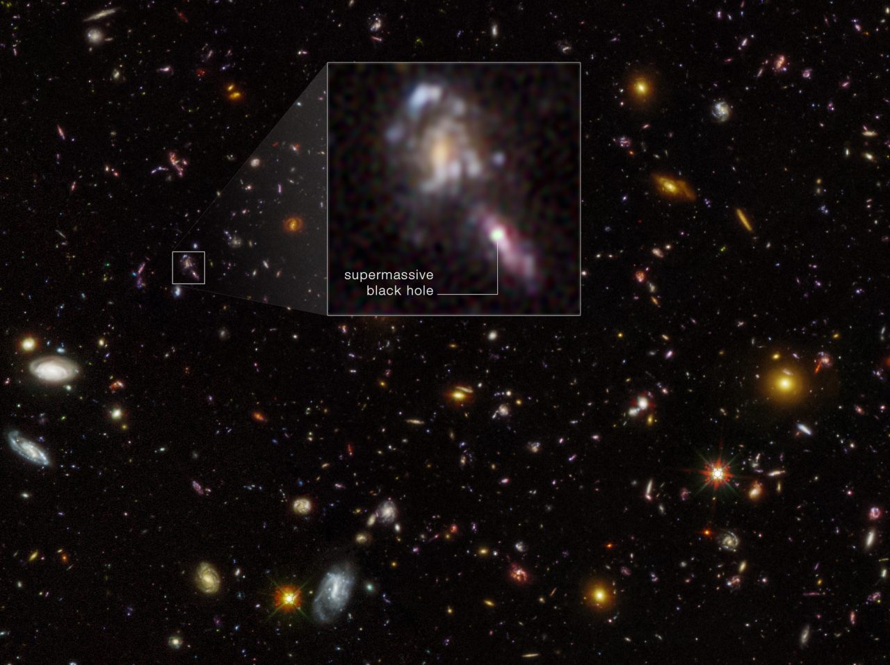 Diagram showing a galaxy about 10.4 billion years old, where an active galactic nucleus (AGN) was found in the Hubble Ultra-Deep Field (HUDF).