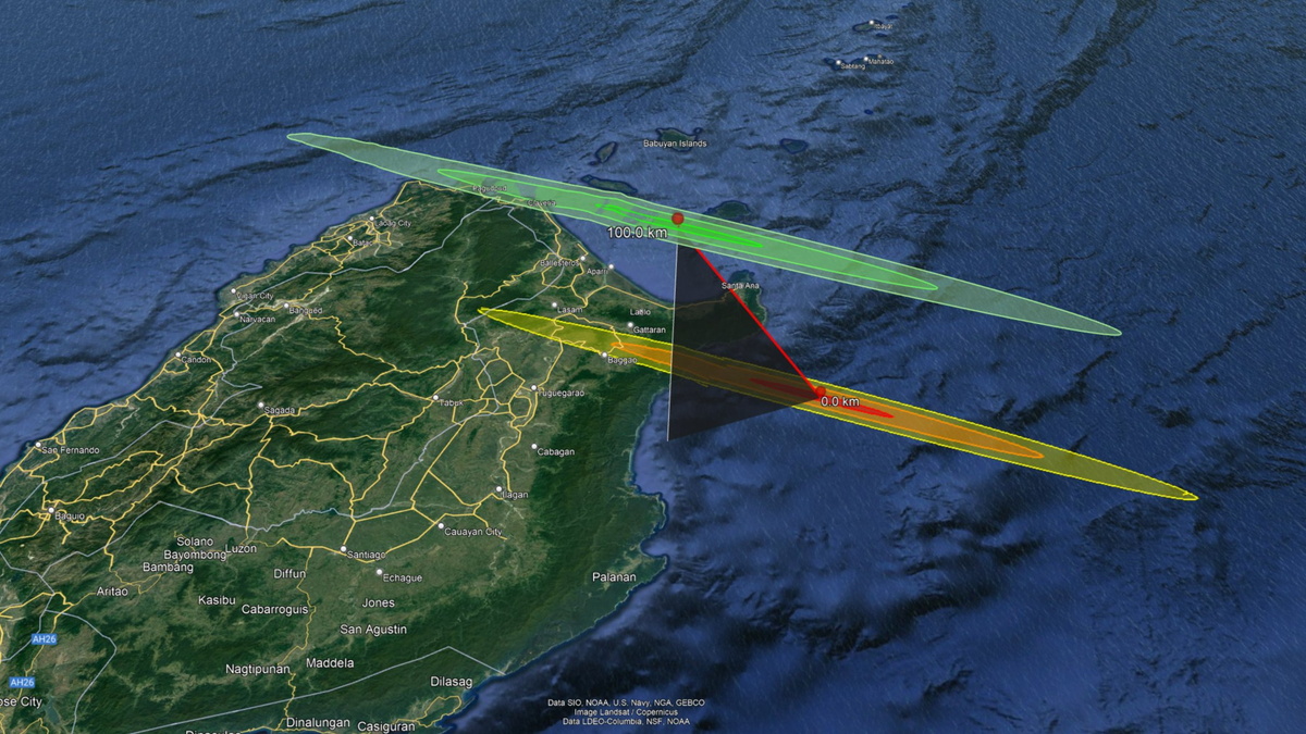 図3: 2024 RW1が地表部と上空100km（宇宙との境界）それぞれでどの位置に落下する可能性が高いかを表した図。