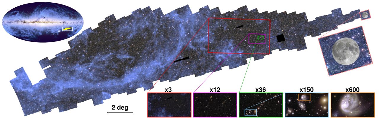 欧州宇宙機関（ESA）の宇宙望遠鏡「Euclid」の観測データから作成されたパノラマの天球における位置と拡大画像の範囲を示した図