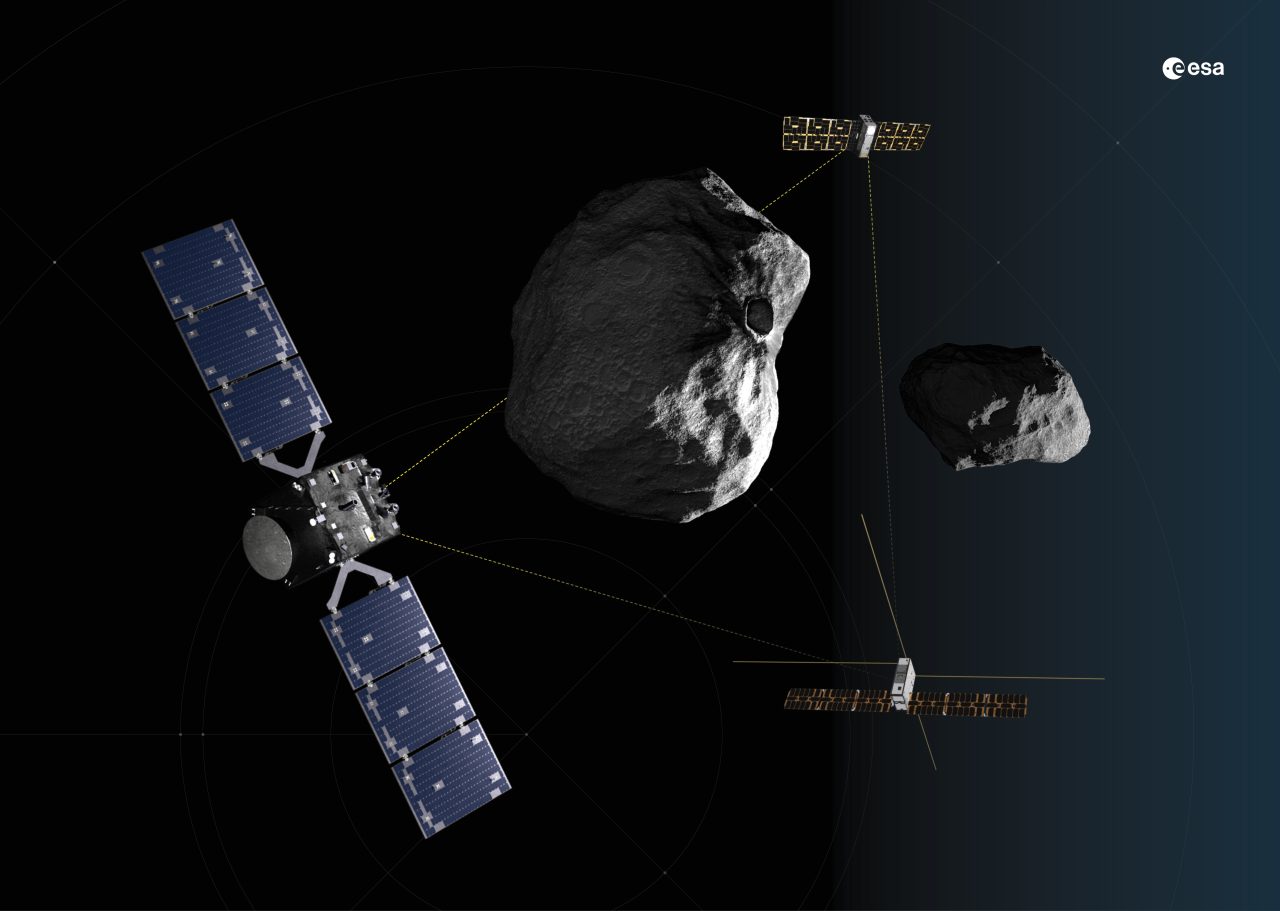 小惑星ディモルフォスを観測するHera探査機と2機の超小型探査機の想像図