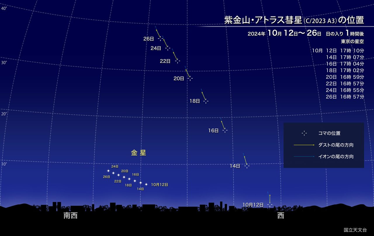 東京における日の入り1時間後の紫金山・アトラス彗星の位置を示した図