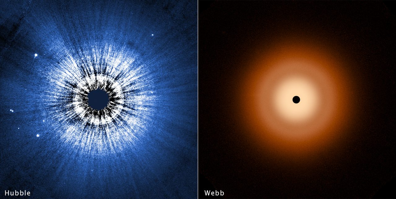 ジェイムズ・ウェッブ宇宙望遠鏡（JWST）の中間赤外線観測装置（MIRI、右）とハッブル宇宙望遠鏡（HST）の宇宙望遠鏡撮像分光器（STIS、左）で観測されたベガのデブリ円盤