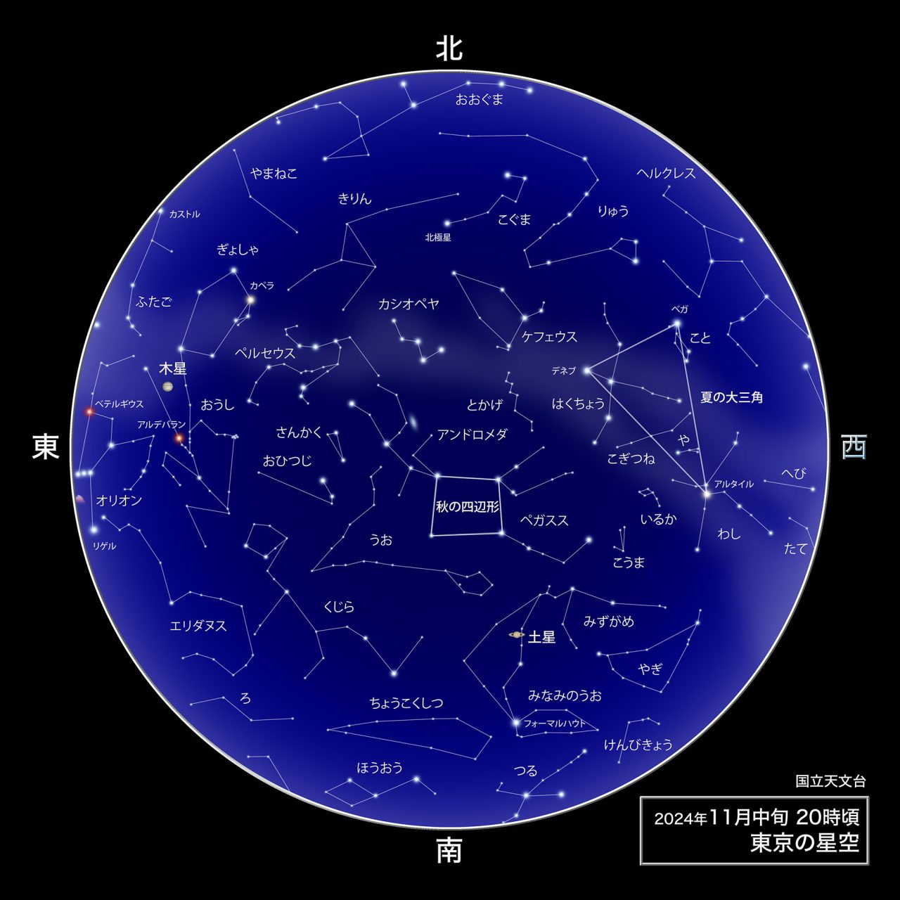 2024年11月中旬 20時頃の東京の星空（Credit: 国立天文台）