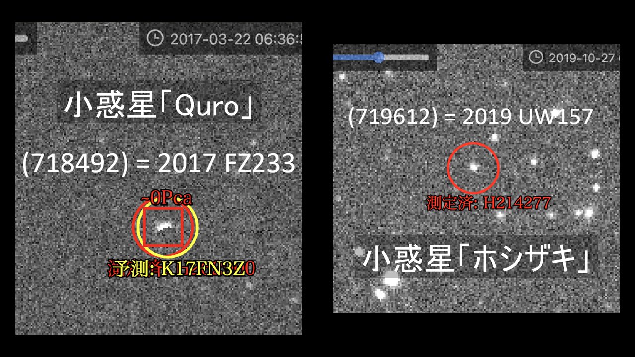 図1: すばる望遠鏡の観測画像中にある小惑星「Quro」と「ホシザキ」。