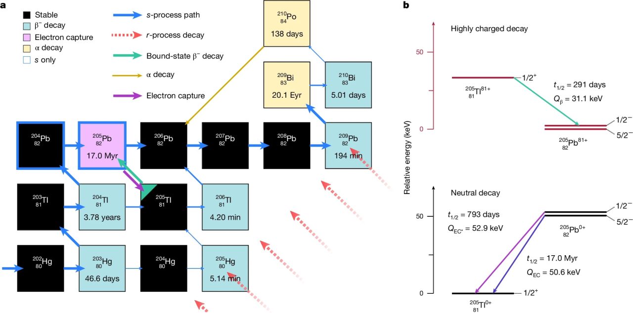 図3: AGB星の内部で生じる核反応と崩壊系列を示した図。AGB星内部のs過程（水色矢印）で生じる原子核のうち、一部はr過程（赤色矢印）とは無関係な位置にあることに注意。鉛205（205Pb）はタリウム205（205Tl）と双方向に矢印が結びついていますが、このうちの片方である束縛状態β崩壊（緑色矢印）は今回の実験があるまで未測定でした。