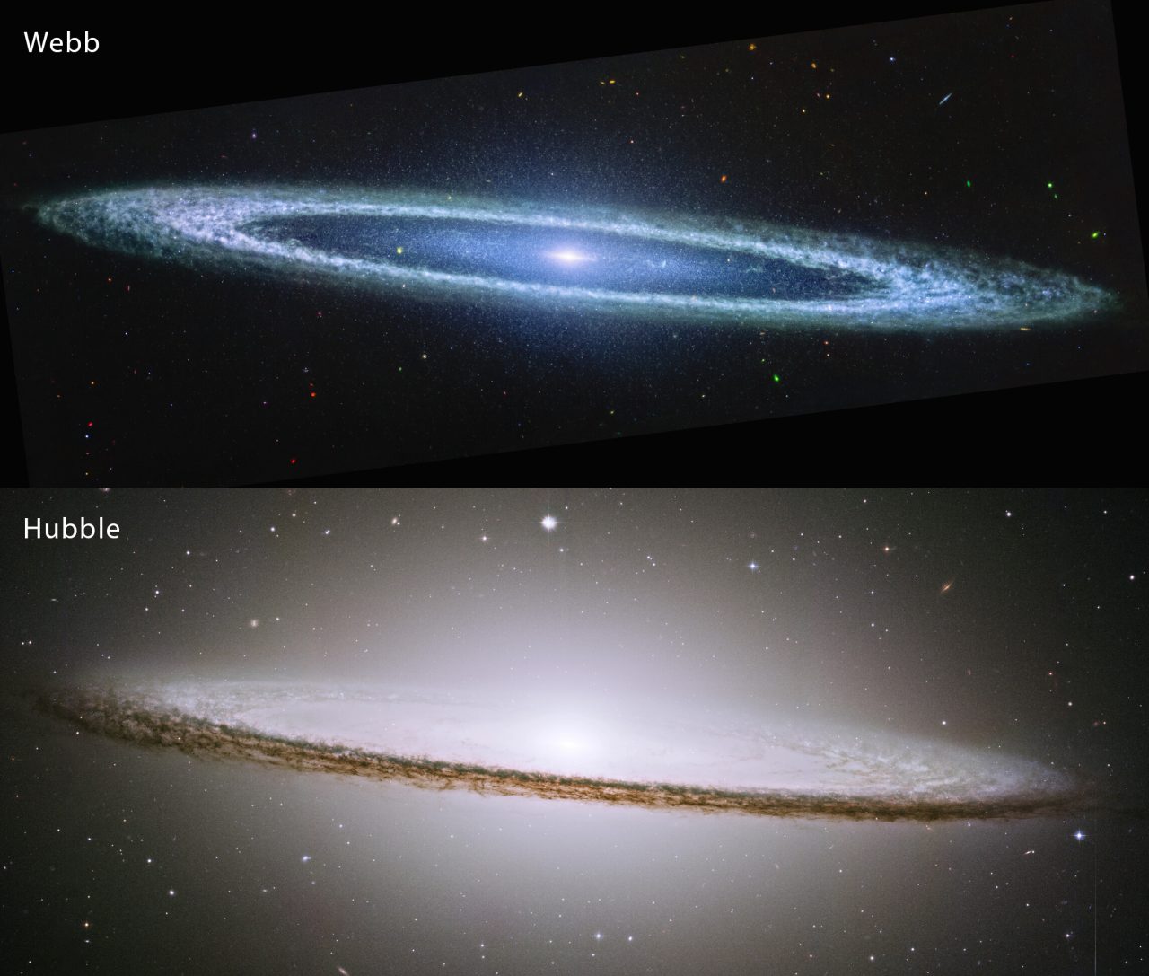 ジェイムズ・ウェッブ宇宙望遠鏡（JWST、上）とハッブル宇宙望遠鏡（HST、下）で観測された「ソンブレロ銀河（M104）」の比較画像