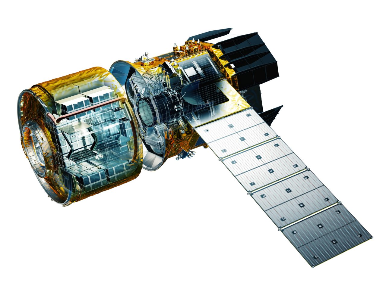 新型宇宙ステーション補給機「HTV-X」の機体内部透過図。向かって左が与圧モジュール、右がサービスモジュール。サービスモジュールの前方側（向かって右側）には曝露カーゴ搭載部が設けられている（Credit: JAXA）