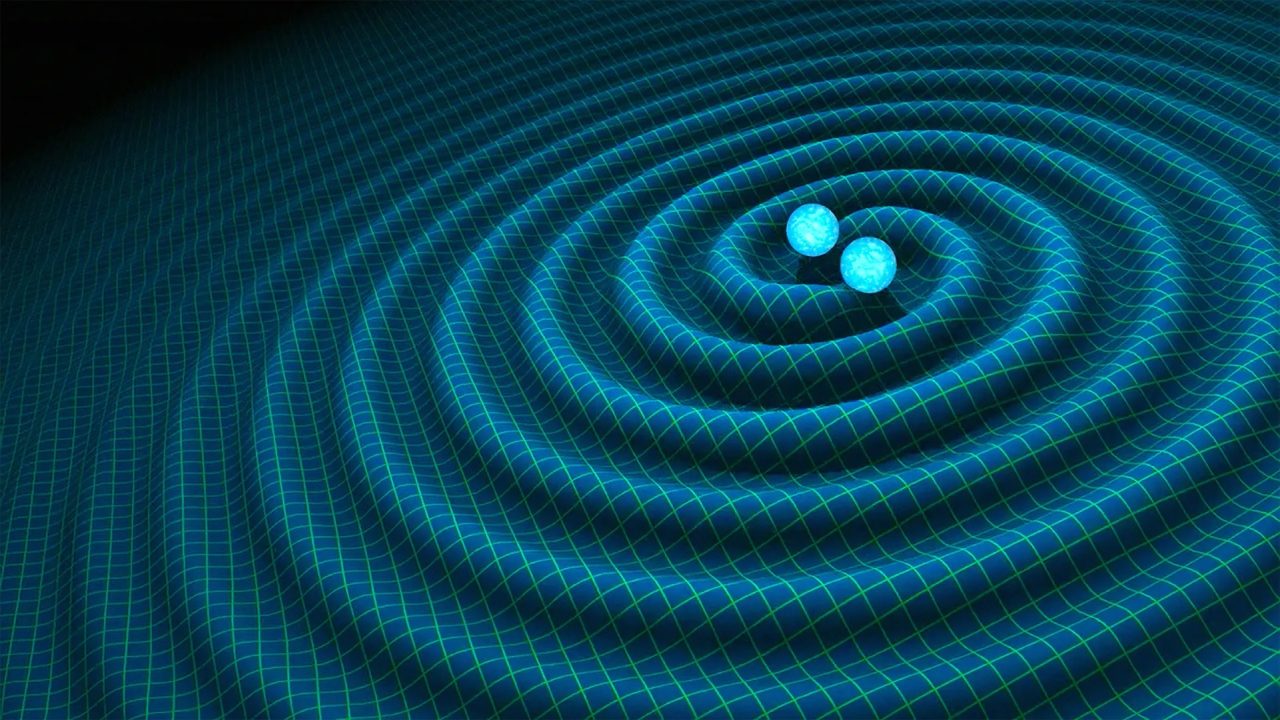 図9：2個の中性子星がたがいを高速で周回しながら接近したため、重力による時空の歪みが変動し、まわりに重力波が広がっていきます（イメージ）。(Credit: R. Hurt/Caltech-JPL)