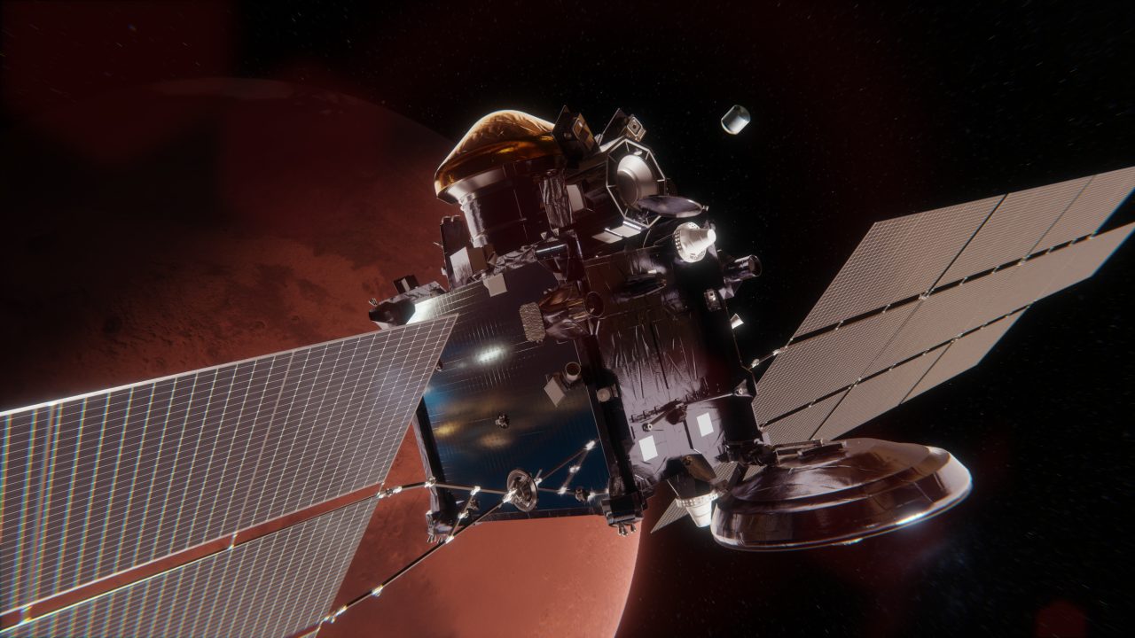 アメリカ航空宇宙局(NASA)の小型ロケット「MAV」で火星表面から打ち上げられた後に放出されたサンプルコンテナをキャッチする、欧州宇宙機関(ESA)の周回機「ERO」の想像図(Credit: Airbus)
