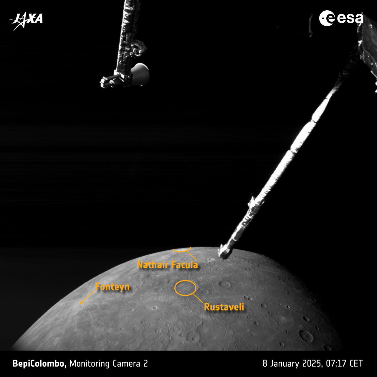 BepiColombo探査機の第6回水星スイングバイ時、日本時間2025年1月8日15時17分にMTMのモニタリングカメラ2（M-CAM2）で撮影された水星（Credit: ESA/BepiColombo/MTM）