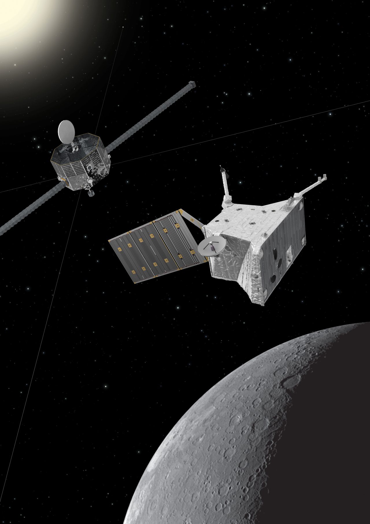 水星（右下）を周回する欧州宇宙機関（ESA）の水星表面探査機「MPO」（中央）と、宇宙航空研究開発機構（JAXA）の水星磁気圏探査機「MMO」（みお、左上）のイメージイラスト（Credit: Spacecraft: ESA/ATG medialab; Mercury: NASA/Johns Hopkins University Applied Physics Laboratory/Carnegie Institution of Washington）