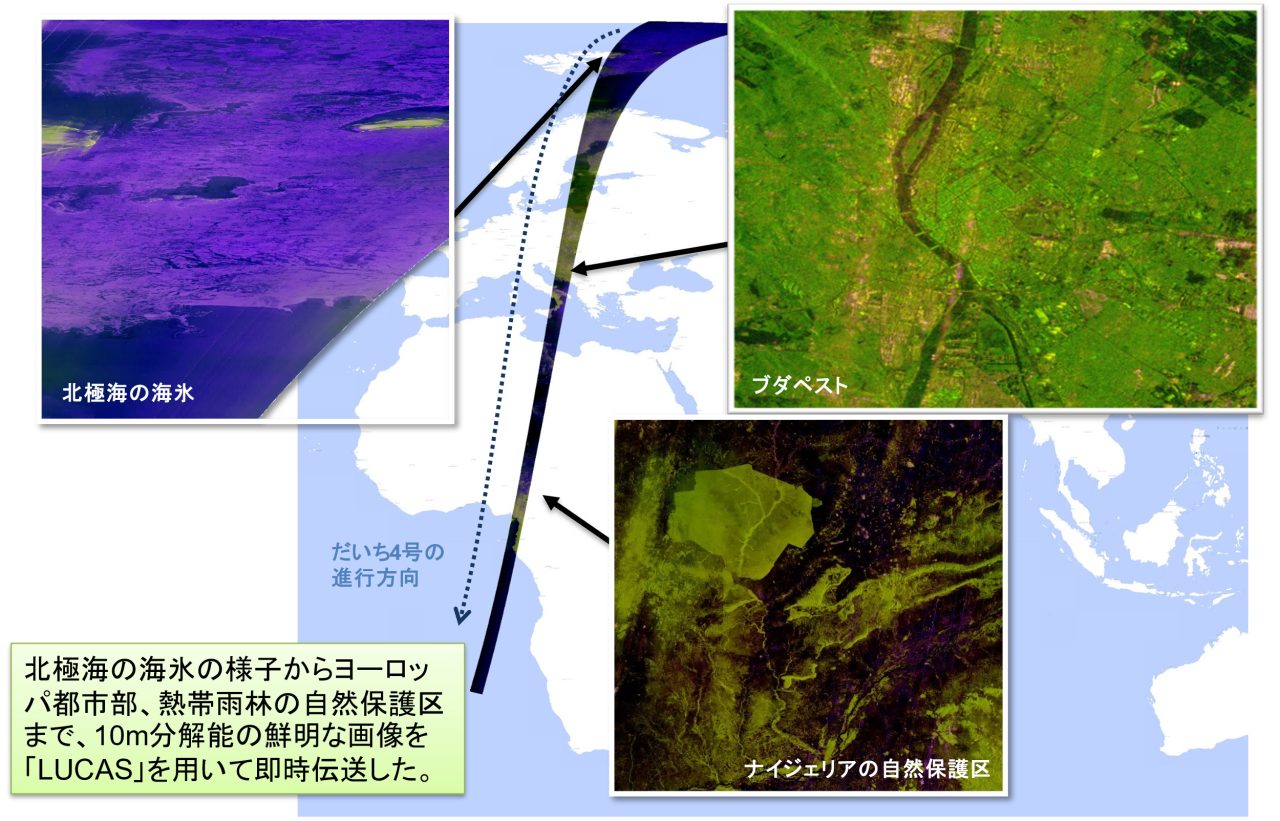 衛星間光通信経由で地上に伝送された「だいち4号」の観測データ（疑似カラー画像処理を施したもの）。初期校正検証運用時に取得されたもので、帯状の範囲を観測したデータのうち、北極海の海氷など一部が拡大表示されている（Credit: JAXA）