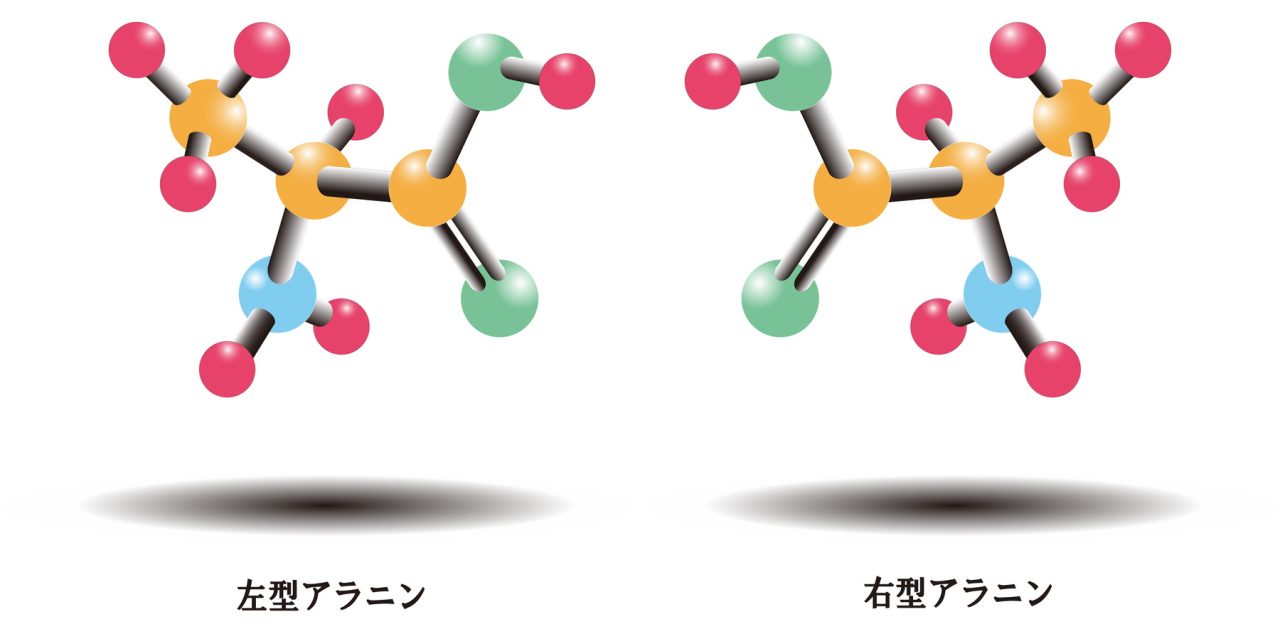 アミノ酸の一種であるアラニンの鏡像異性体を示したイラスト（Credit: 国立天文台）