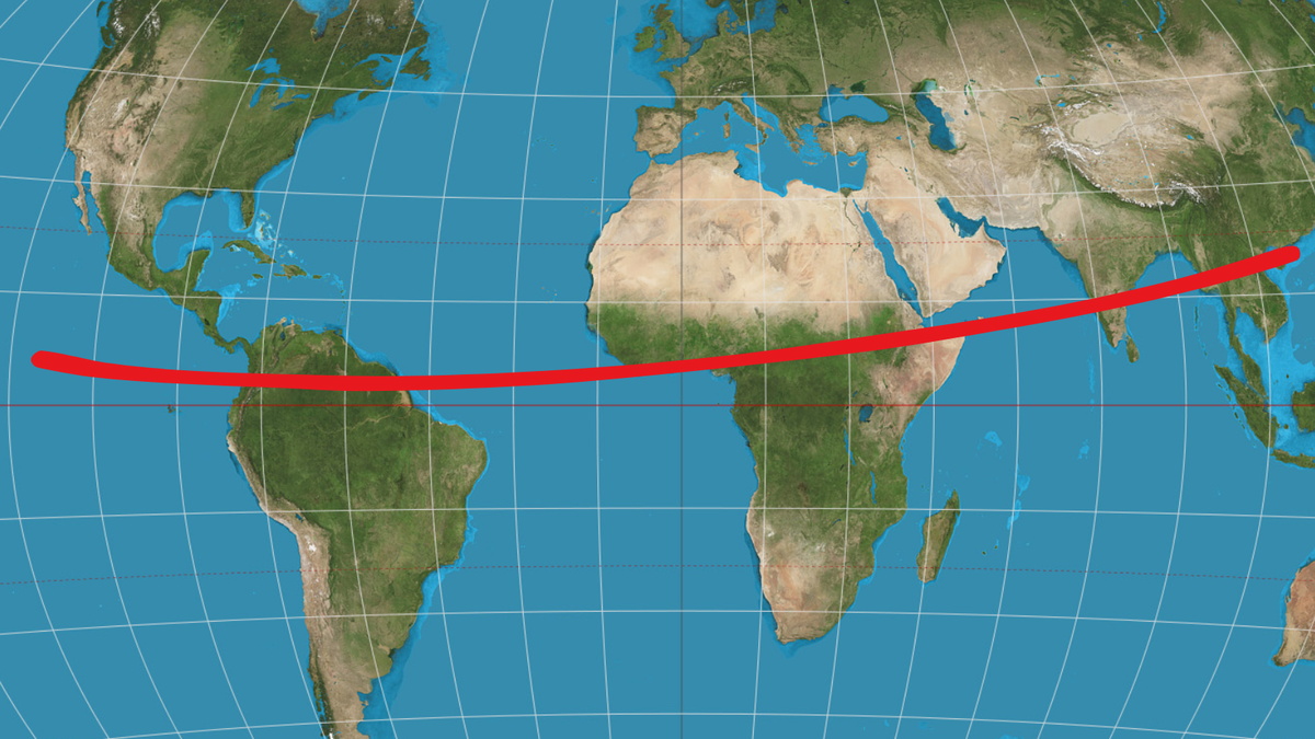 図2: 2024 YR4が2032年に衝突するとした場合、その範囲はこの地図の赤線のどこかとなります。（Credit: Robert Lea, Daniel Bamberger & Northolt Branch Observatories）