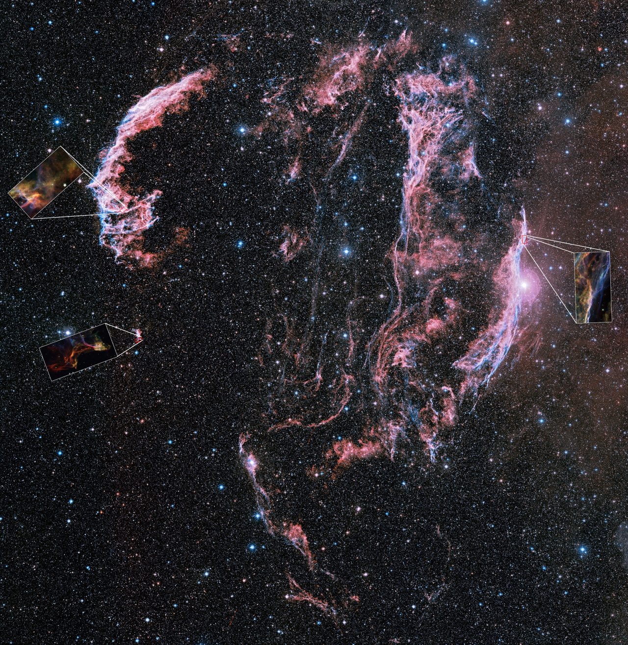 2007年に公開されたハッブル宇宙望遠鏡（HST）による「網状星雲（Veil Nebula）」の画像3つの範囲を示した図。背景は地上の望遠鏡で撮影された網状星雲。2025年2月24日付で公開された画像は、左側に2つ示されている画像のうち下側の画像と同じ辺りを捉えたものとなる（Credit: NASA, ESA, the Hubble Heritage (STScI/AURA)-ESA/Hubble Collaboration, and the Digitized Sky Survey 2. Acknowledgment: J. Hester (Arizona State University) and Davide De Martin (ESA/Hubble)）