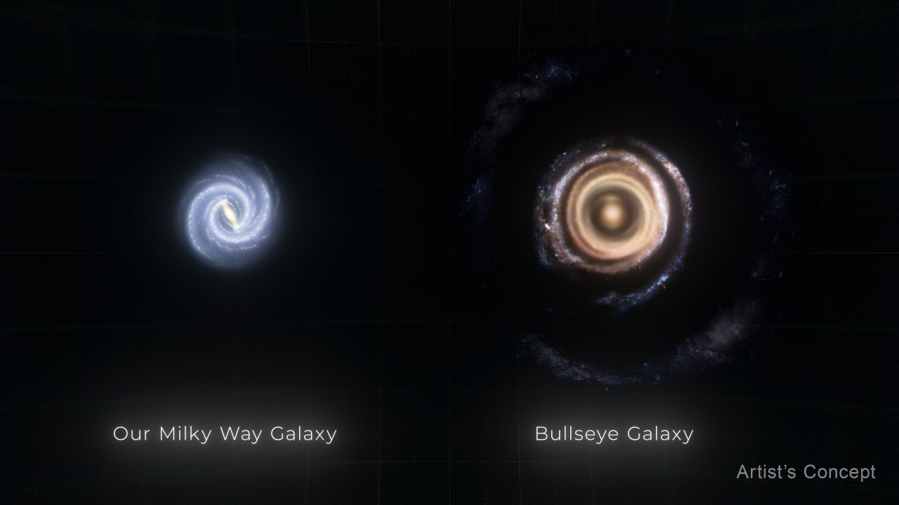 研究者からブルズアイ銀河（Bullseye Galaxy）と呼ばれるLEDA 1313424（右）と、天の川銀河（左）の大きさを比較した図（Credit: NASA, ESA, Ralf Crawford (STScI)）