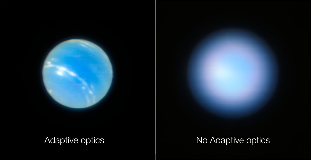 パラナル天文台のVLT=超大型望遠鏡を使って観測された海王星。左は補償光学あり、右は補償光学なし(Credit: ESO/P. Weilbacher (AIP))