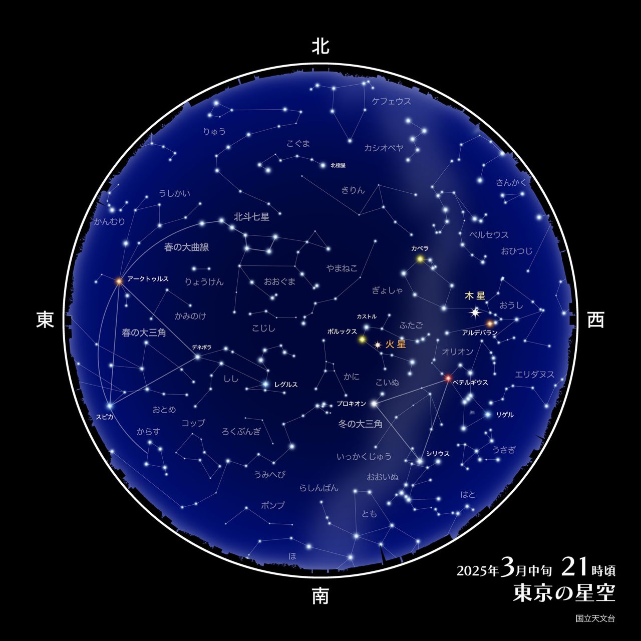 2025年3月中旬 21時頃の東京の星空（Credit: 国立天文台）