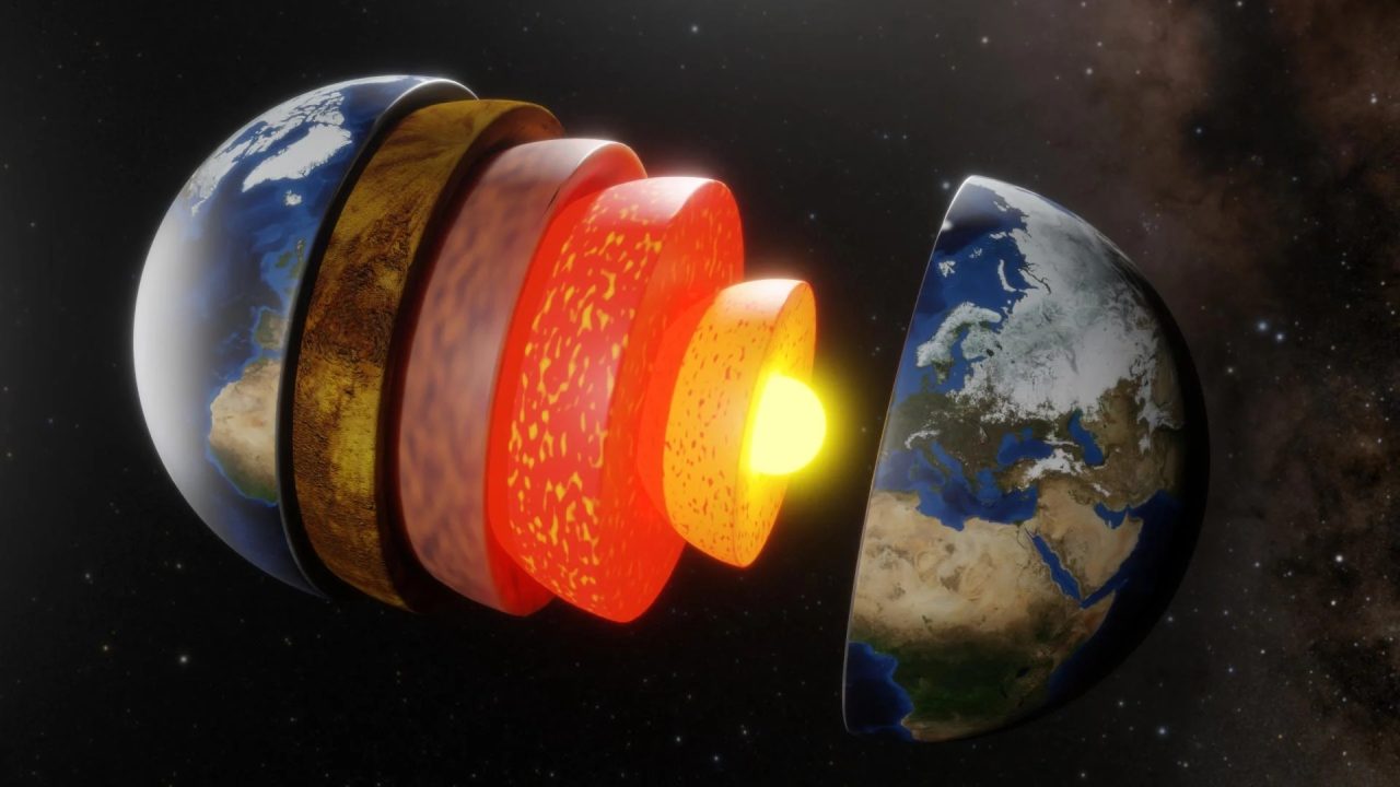 図1: 地球の内部には始原的なヘリウムが大量に存在すると予測されていますが、その場所がマントルなのか核なのかは大きな議論となっています。（Credit: B. Schröder, HZDR, NASA & Goddard Space Flight Center Scientific Visualization Studio）