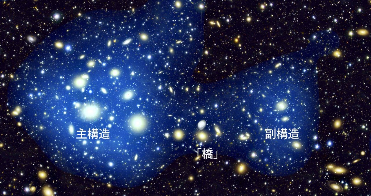 ペルセウス座銀河団で検出された暗黒物質(ダークマター)分布(青色)を示した図。背景は「すばる望遠鏡」の超広視野主焦点カメラ(HSC)で取得した画像(Credit: HyeongHan et al.)