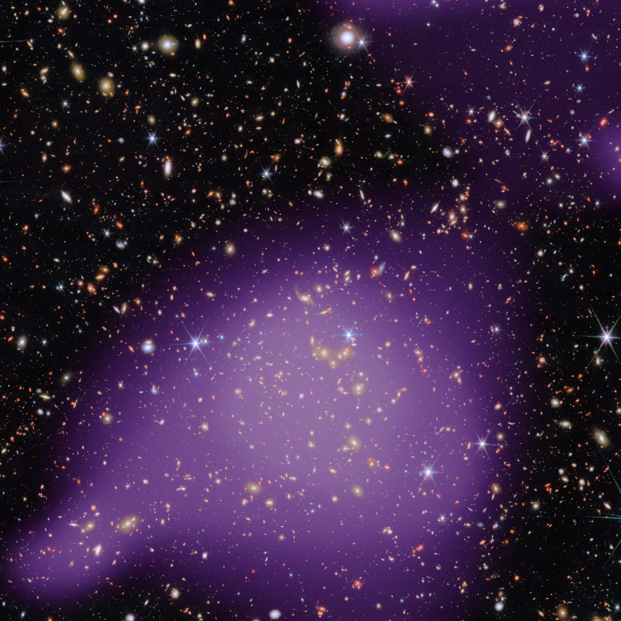 ハッブル宇宙望遠鏡とジェームズ・ウェッブ宇宙望遠鏡が観測した「ろくぶんぎ座」の銀河群の画像に、X線宇宙望遠鏡の観測データを追加したバージョン
