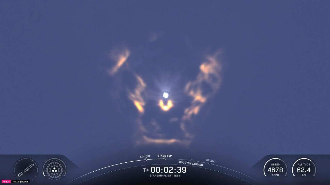 Starship(スターシップ)宇宙船とSuper Heavy(スーパーヘビー)ブースターの分離の様子