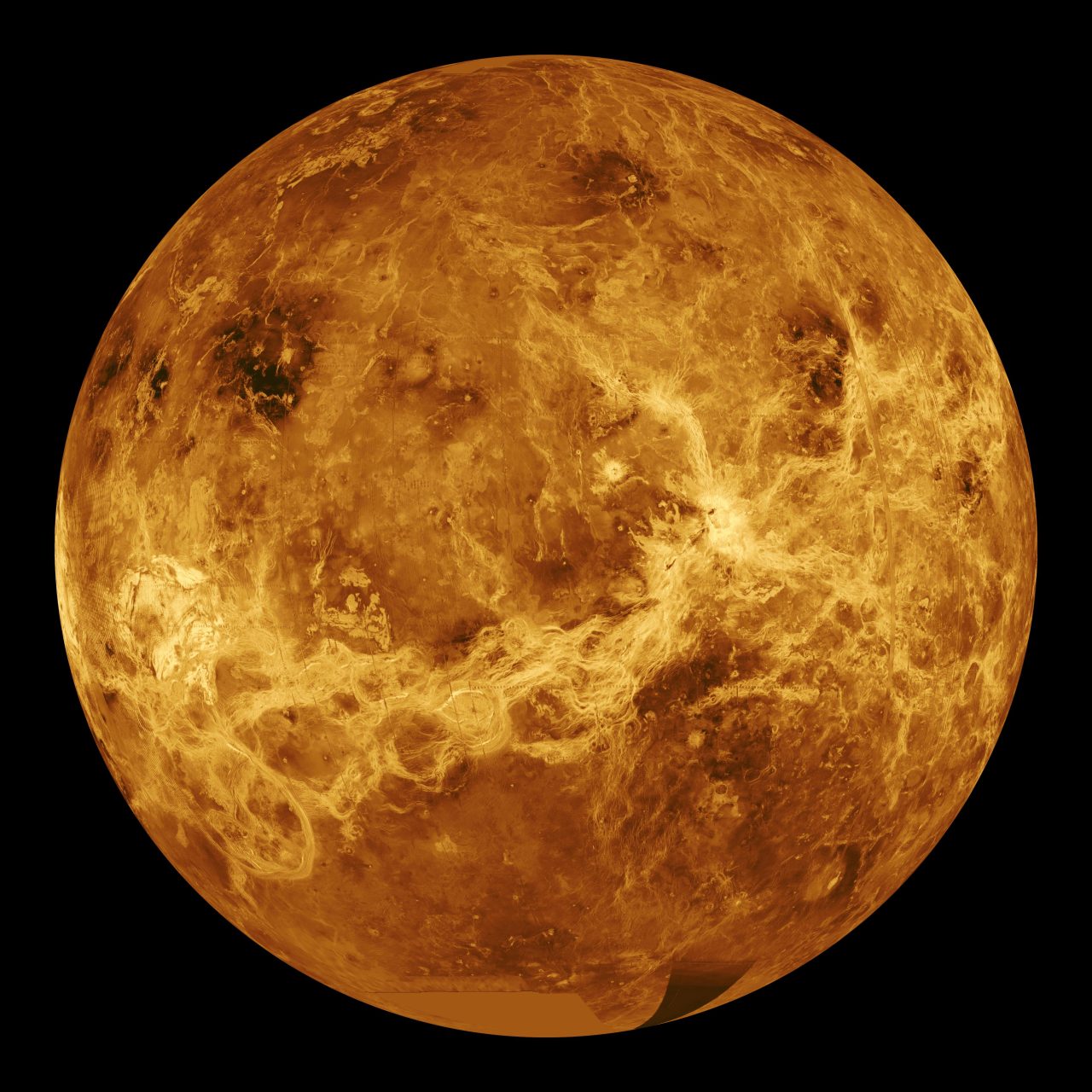 NASAの金星探査機Magellan(マゼラン)の観測データなどを使って作成された金星表面の全球画像