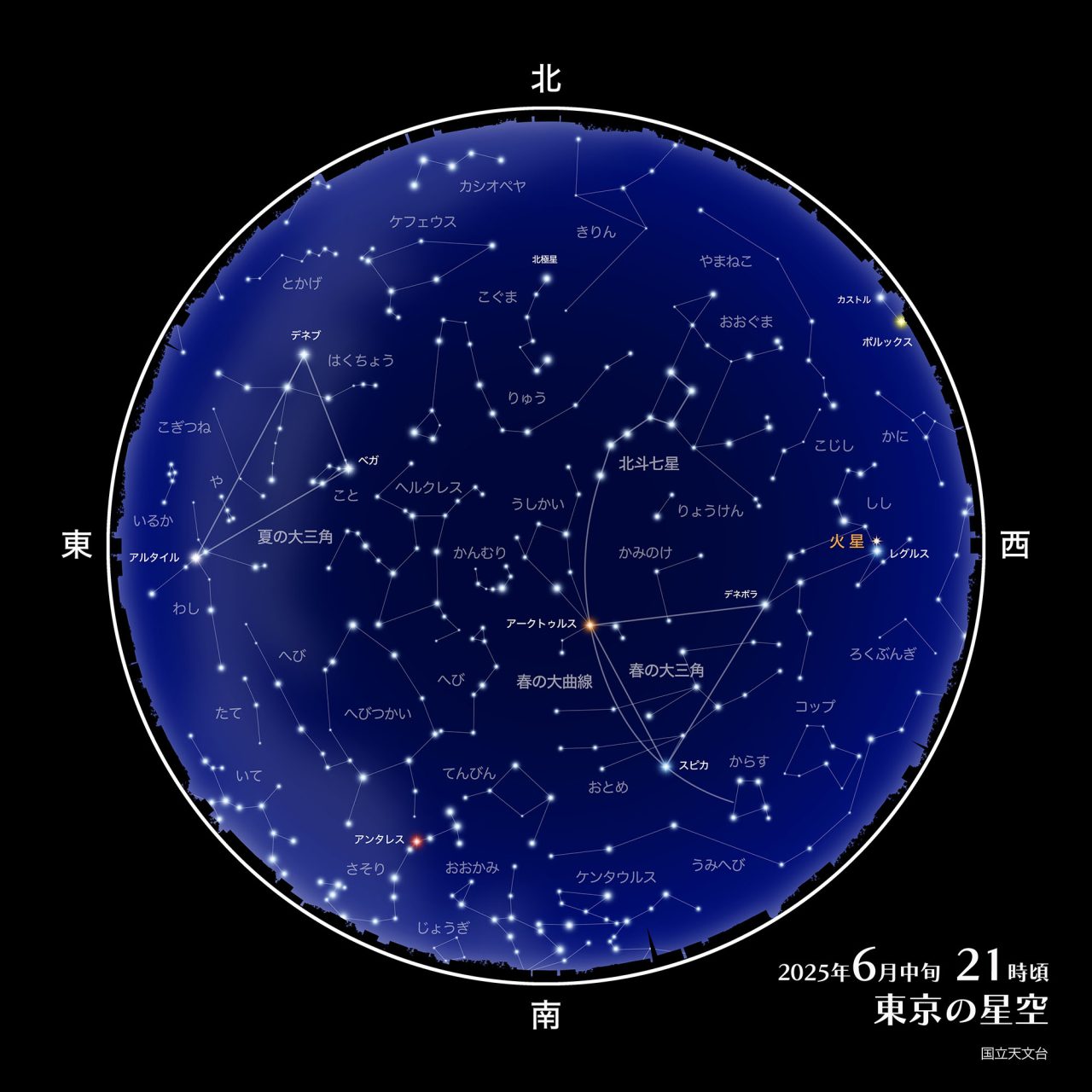 2025年6月中旬 21時頃の東京の星空(Credit: 国立天文台)