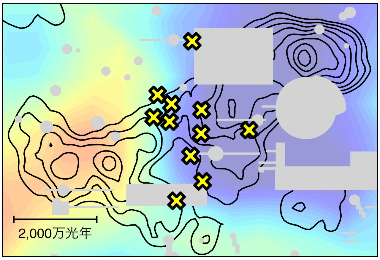 ×印でクエーサーの位置を示した図。黒色は銀河の等密度線。背景の色は中性ガスの密度に対応していて、赤色ほど高密度、青色ほど低密度(すなわち電離ガスが豊富)であることを示している