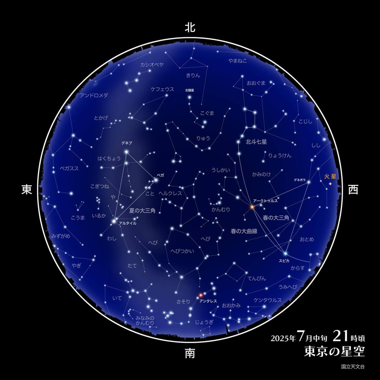 2025年7月中旬 21時頃の東京の星空（Credit: 国立天文台）