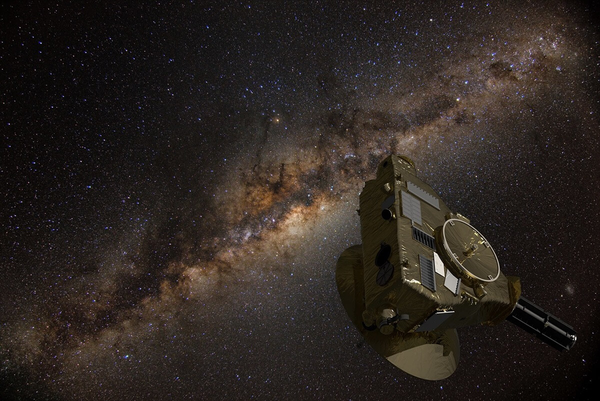 深宇宙を飛行するNASAの無人探査機「New Horizons（ニュー・ホライズンズ）」の想像図（Credit: NASA/Johns Hopkins APL/Southwest Research Institute/Serge Brunier/Marc Postman/Dan Durda）