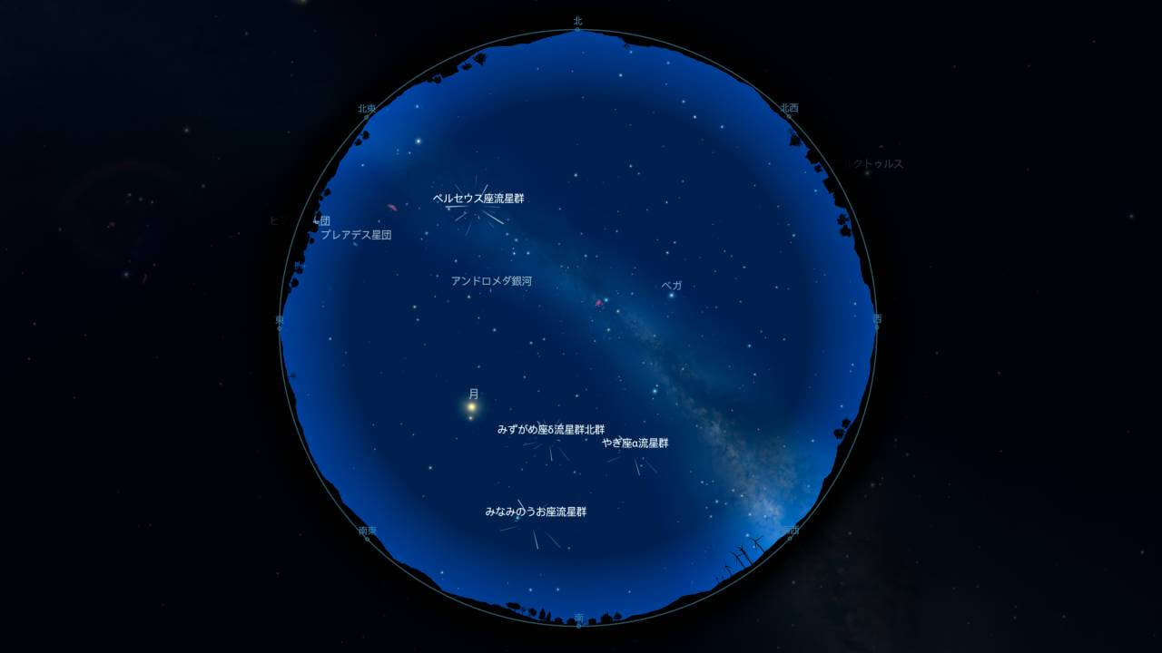 ペルセウス座流星群の放射点。2025年8月13日0時頃の東京の空