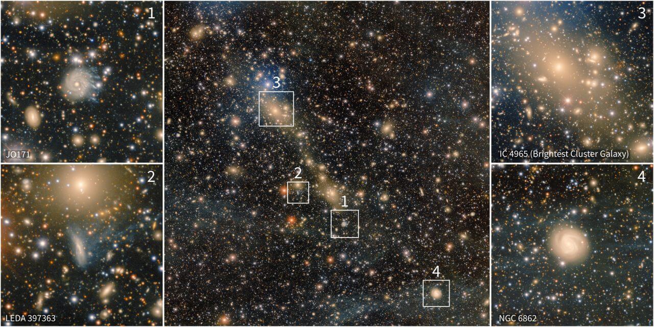 ダークエネルギーカメラが撮影した合体中の銀河団「エイベル3667