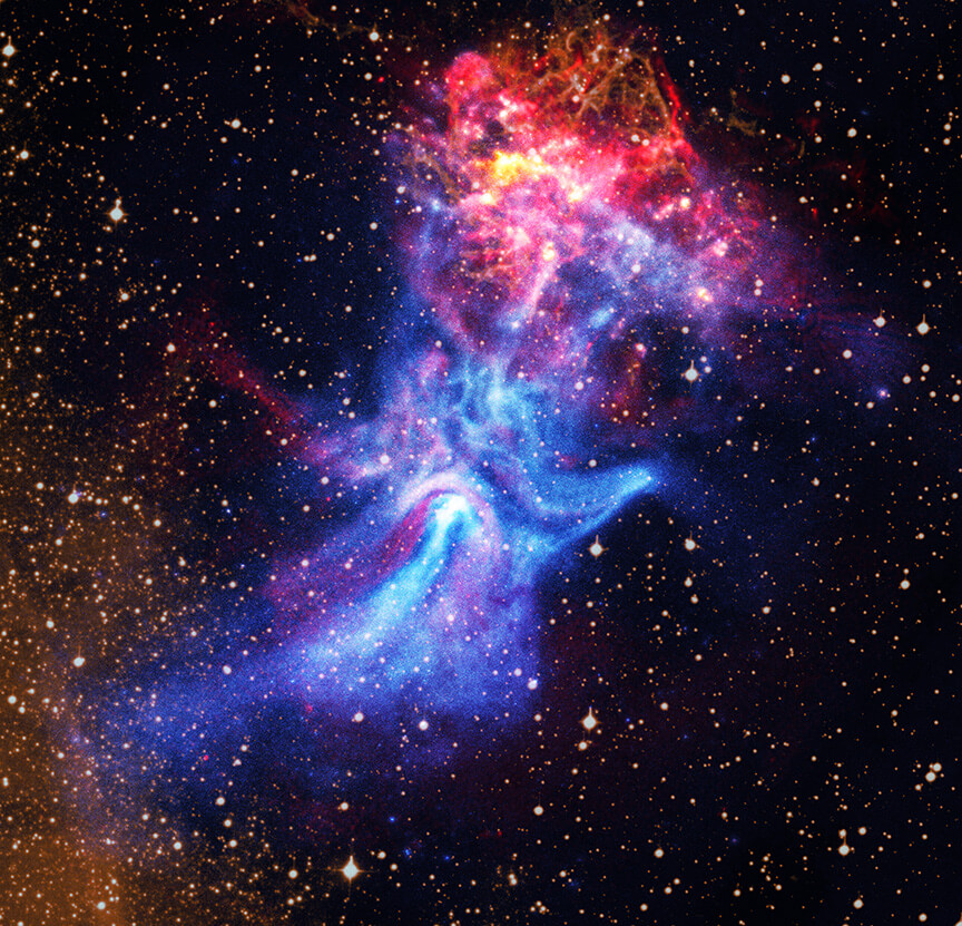 パルサー風星雲「MSH 15-52」。チャンドラX線宇宙望遠鏡（Chandra）、オーストラリアの電波干渉計ATCA、地上の望遠鏡で取得したHα線の観測データを使用して作成（Credit: X-ray: NASA/CXC/Univ. of Hong Kong/S. Zhang et al.; Radio: ATNF/CSIRO/ATCA; H-alpha: UK STFC/Royal Observatory Edinburgh; Image Processing: NASA/CXC/SAO/N. Wolk）