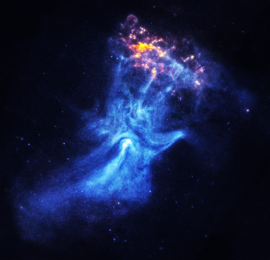 チャンドラX線宇宙望遠鏡（Chandra）が観測したパルサー風星雲「MSH 15-52」（Credit: X-ray: NASA/CXC/Univ. of Hong Kong/S. Zhang et al.; Radio: ATNF/CSIRO/ATCA; H-alpha: UK STFC/Royal Observatory Edinburgh; Image Processing: NASA/CXC/SAO/N. Wolk）