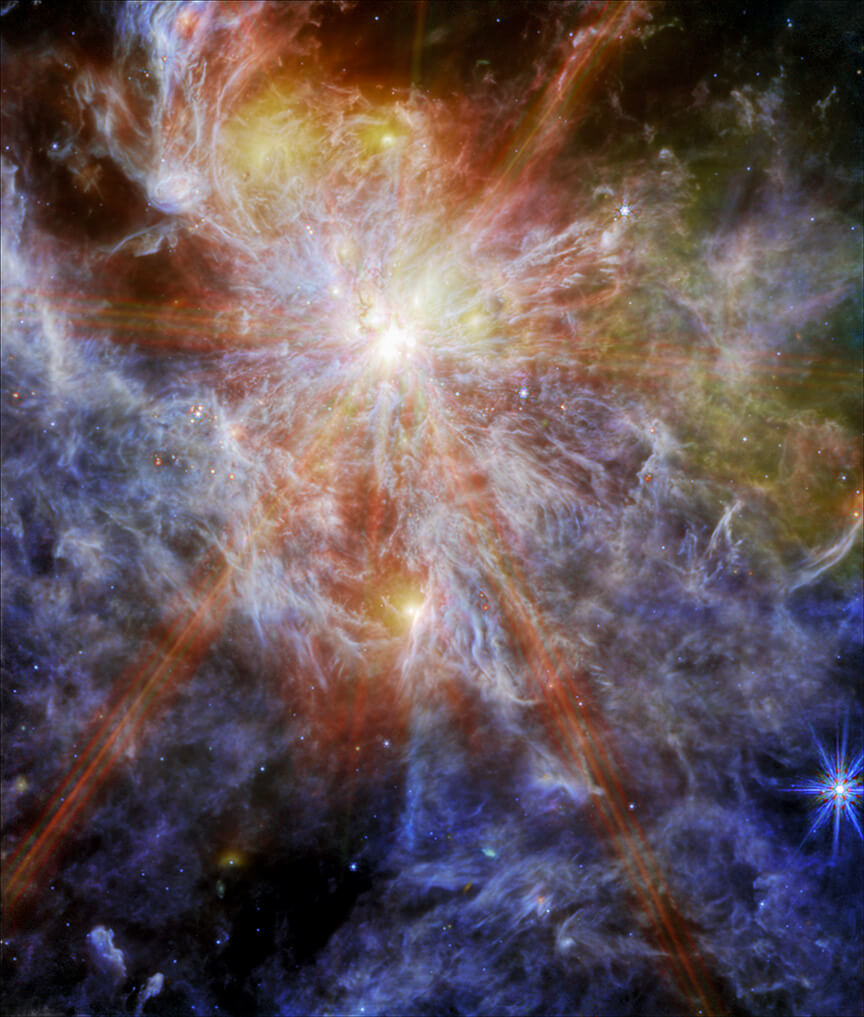 ジェームズ・ウェッブ宇宙望遠鏡（JWST）が観測した星形成領域「N79」（Credit: X-ray: NASA/CXC/Ohio State Univ/T. Webb et al.; IR: NASA/ESA/CSA/STScI; Image Processing: NASA/CXC/SAO/J. Major）