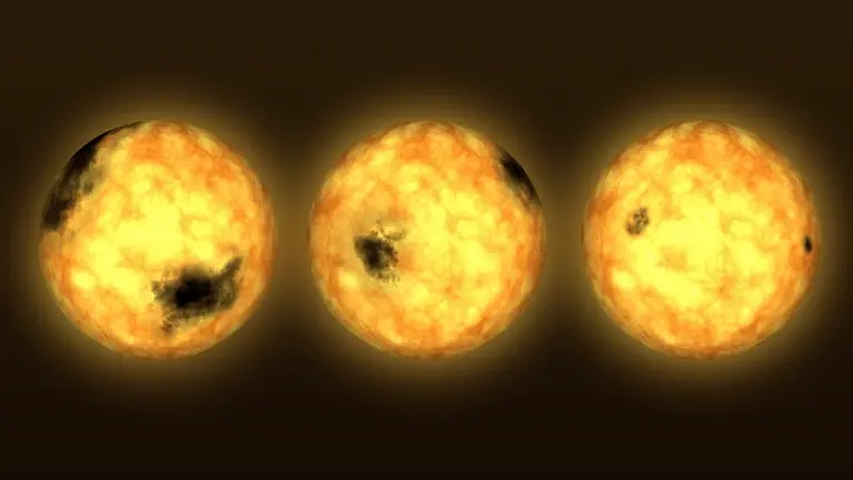 「大プレアデス複合体」を発見 プレアデス星団を中心とする3000個の恒星集団 3 図3: 恒星は年齢が若いほど自転周期が短く、黒点が多い傾向を表したCG。(Credit: NASA’s Goddard Space Flight Center)