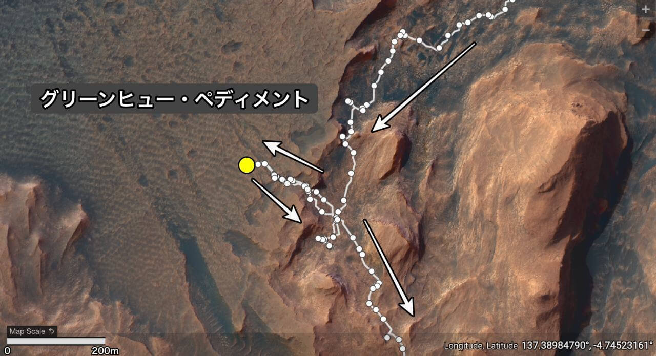 キュリオシティの進路を示したもの。矢印の向きに移動。”ワニの背中”に遭遇したことで迂回していることが分かる