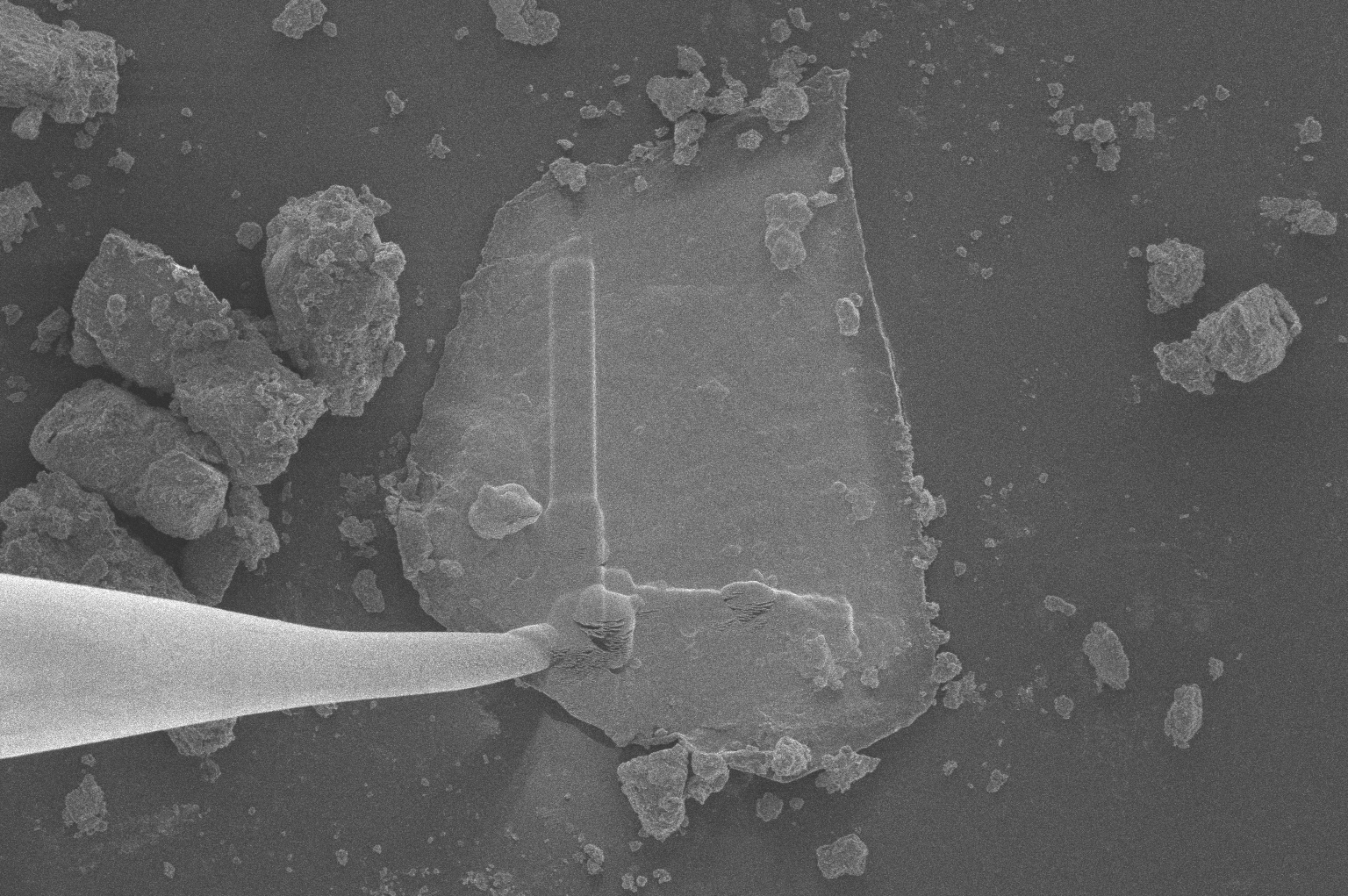 図2: “宇宙ゴム” とたとえられた、シート状の高分子有機化合物を採集する様子を撮影した透過型電子顕微鏡。シートの左下にあるのは補強用の白金、そこから飛び出す針は、溶接されたサンプル採集用のタングステン針。（Credit: NASA & University of California, Berkeley）