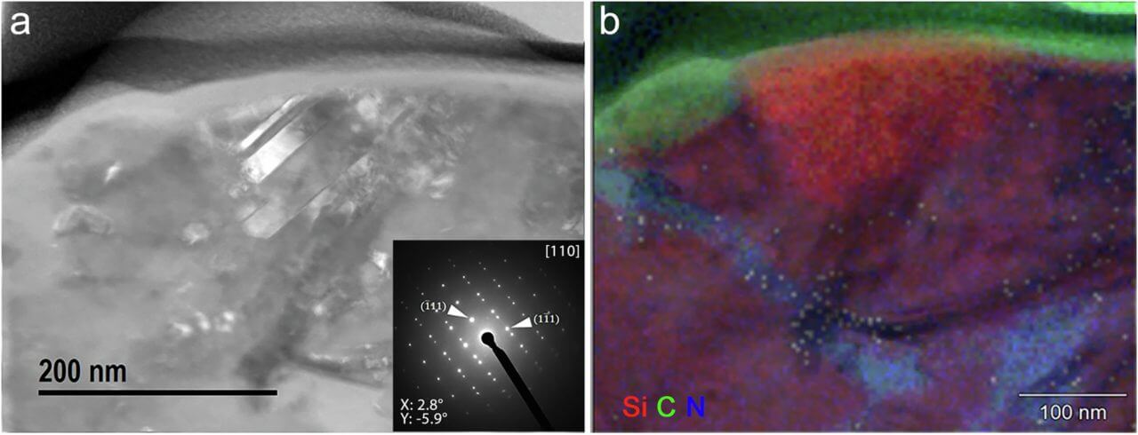 図3: ベンヌで見つかったプレソーラー粒子の1つである炭化ケイ素の結晶。画像aの結晶面が輝いている部分、および画像bの赤色が濃い部分に存在します。（Credit: Ann N. Nguyen, et al.より一部をトリミング）