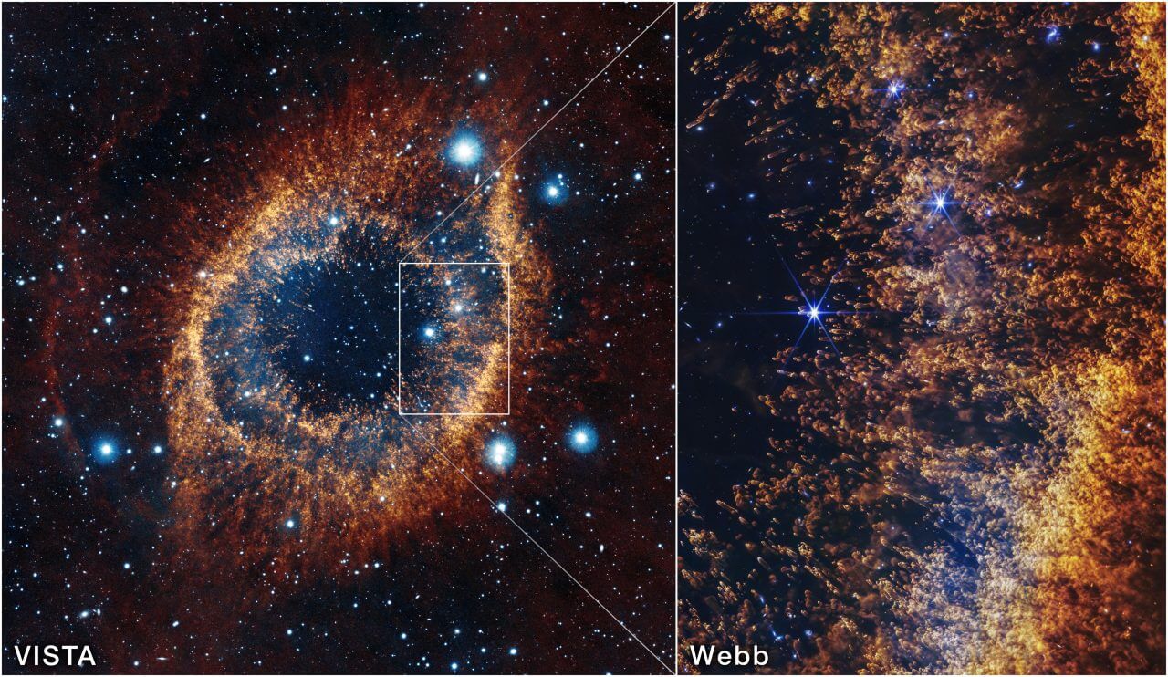 ESOのVISTA望遠鏡で観測した「らせん星雲」の全体像（左）と、JWST（ジェームズ・ウェッブ宇宙望遠鏡）で観測した「らせん星雲」のクローズアップ（右）（Credit: ESO, VISTA, NASA, ESA, CSA, STScI, J. Emerson (ESO); Acknowledgment: CASU）