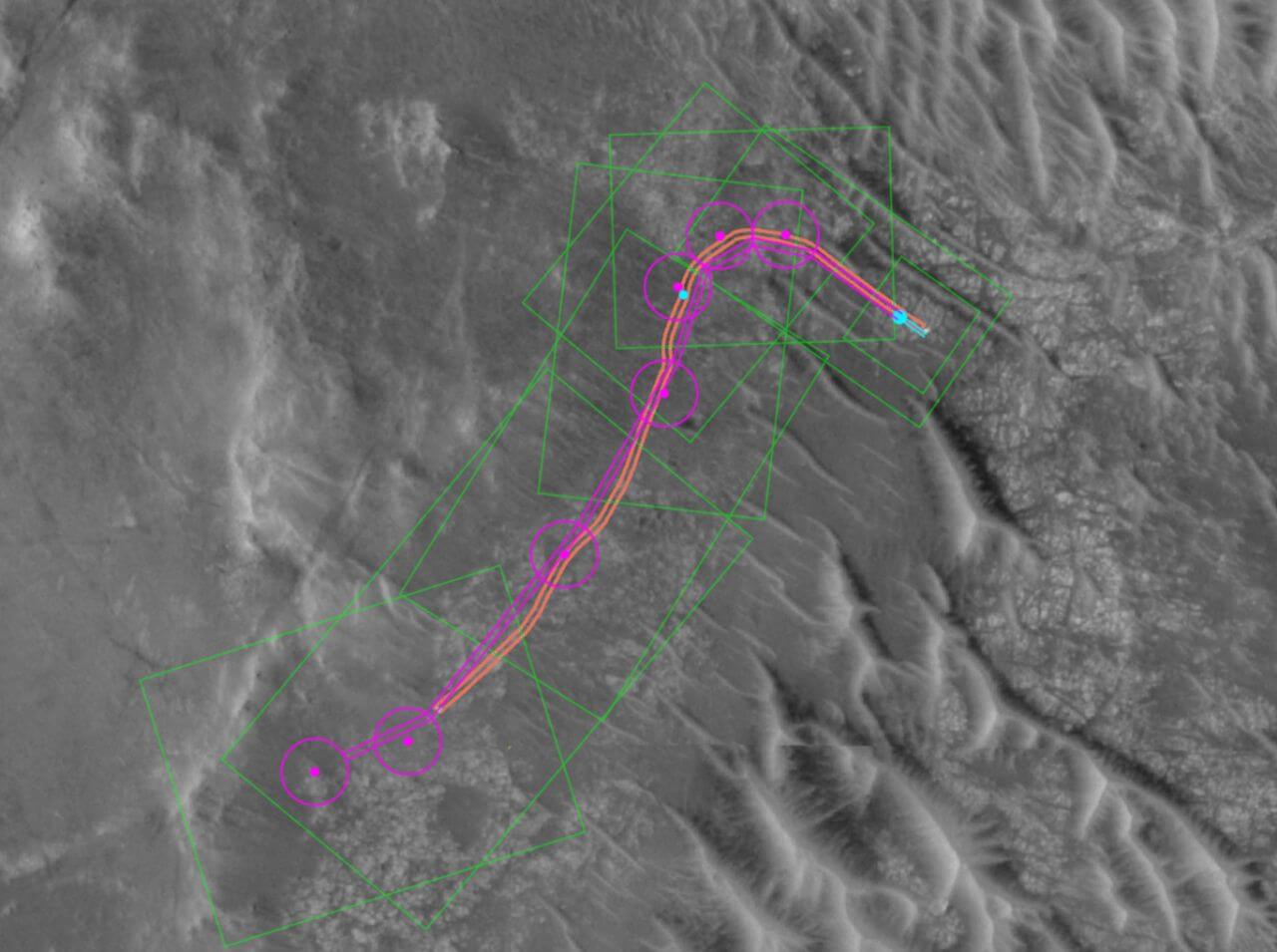 AIによって計画されたルート（ピンク）と実際のルート（オレンジ）。円はウェイポイントを示してる（Credit: NASA/JPL-Caltech/UofA）