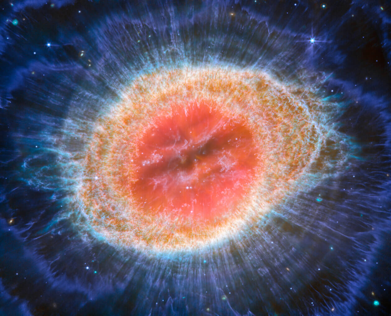 惑星状星雲「環状星雲」に鉄の棒状構造が存在していた 長さ約4万天文単位 3 JWST(ジェームズ・ウェッブ宇宙望遠鏡)で観測した惑星状星雲「M57(環状星雲)」(Credit: ESA/Webb, NASA, CSA, M. Barlow, N. Cox, R. Wesson)