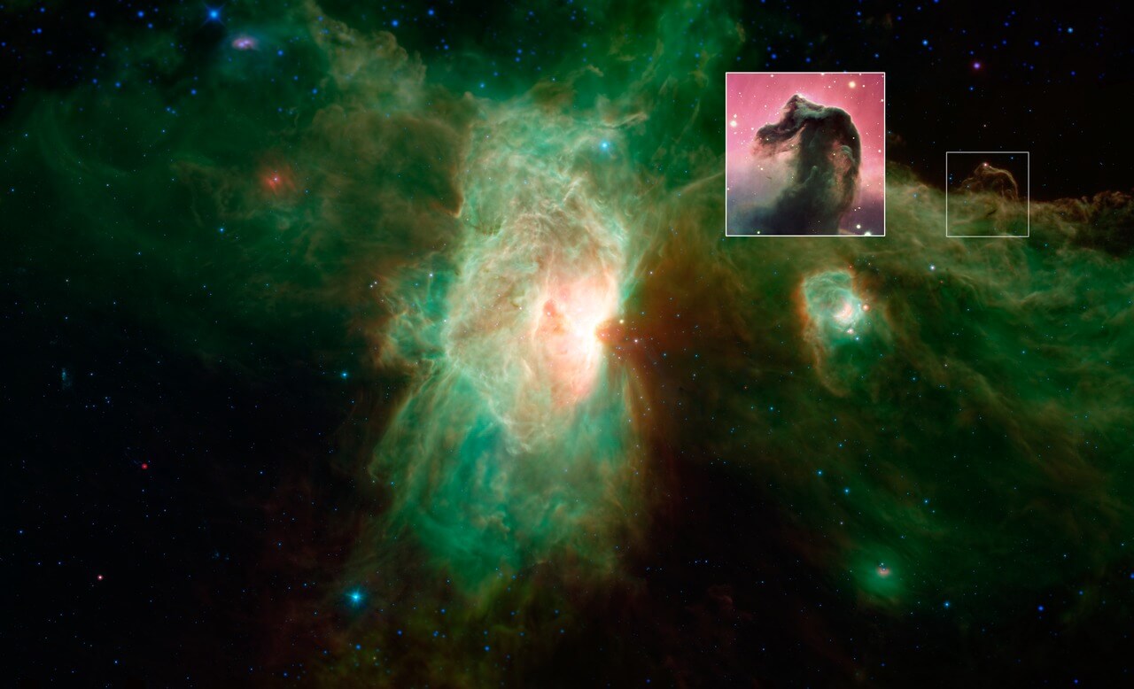 スピッツァー宇宙望遠鏡が撮影したNGC 2024とその周辺。馬頭星雲は右端に写っている（Credit: NASA/JPL-Caltech/ESO）