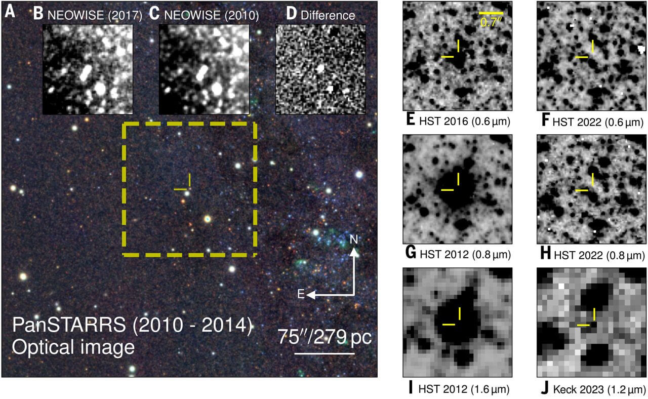 「超新星爆発に失敗してブラックホールになった恒星」の最有力候補を観測 3 図3: 可視光線や赤外線で撮影されたM31-2014-DS1の写真。各画像の中央で、左側のA~Dは光っている部分が、右側のE~Jは黒い部分がM31-2014-DS1に当たります。(Credit: Kishalay De, et al.)